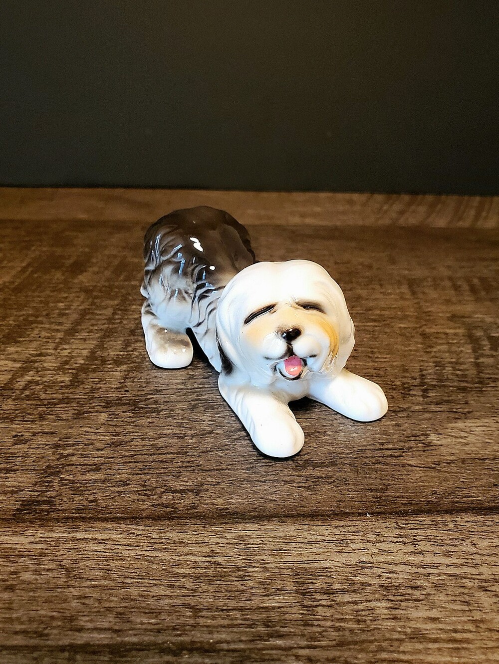 Ceramic English Sheepdog Figurine in White and Brown Black Vintage